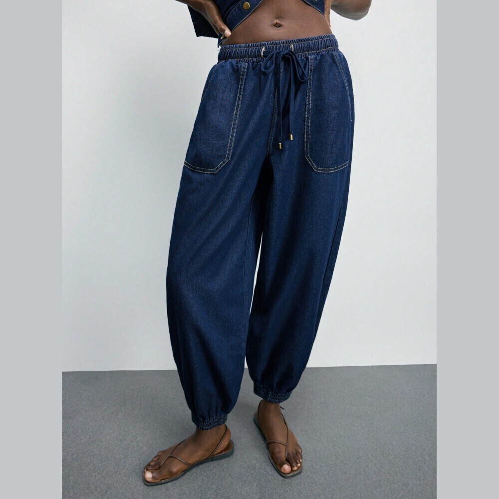 Dark Wash Denim Drawstring Balloon Jogger Pants